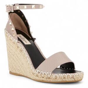 Valentino Rockstud Espadrille Wedge Sandals Nude Poudre Leather Size 40 US 10